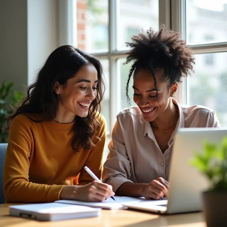 Mulheres diversas colaborando em vez de competindo, ambiente de trabalho positivo.