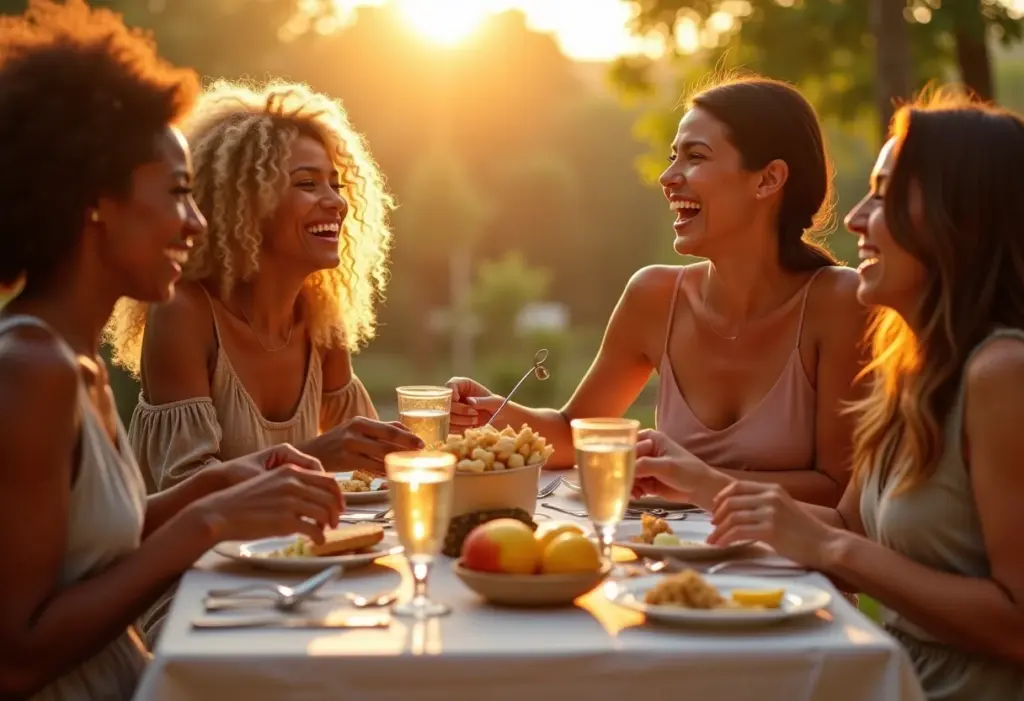 Mulheres diversas conectadas em um almoço, sorrindo e compartilhando