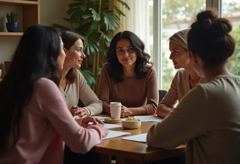 Mulheres diversas conversando em ambiente acolhedor