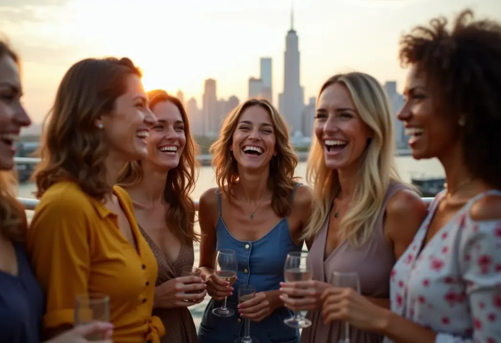 Mulheres diversas em evento de networking em terraço