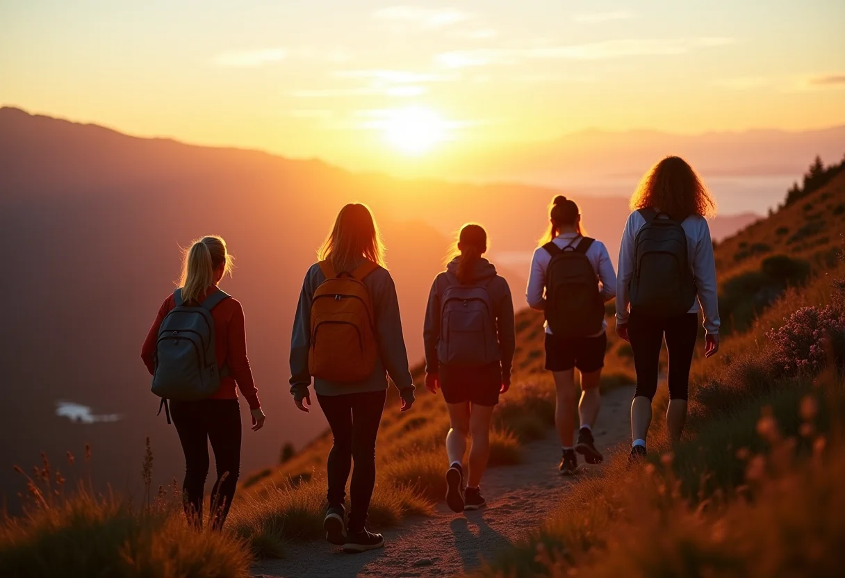 Mulheres diversas fazendo trilha em montanha ao pôr do sol