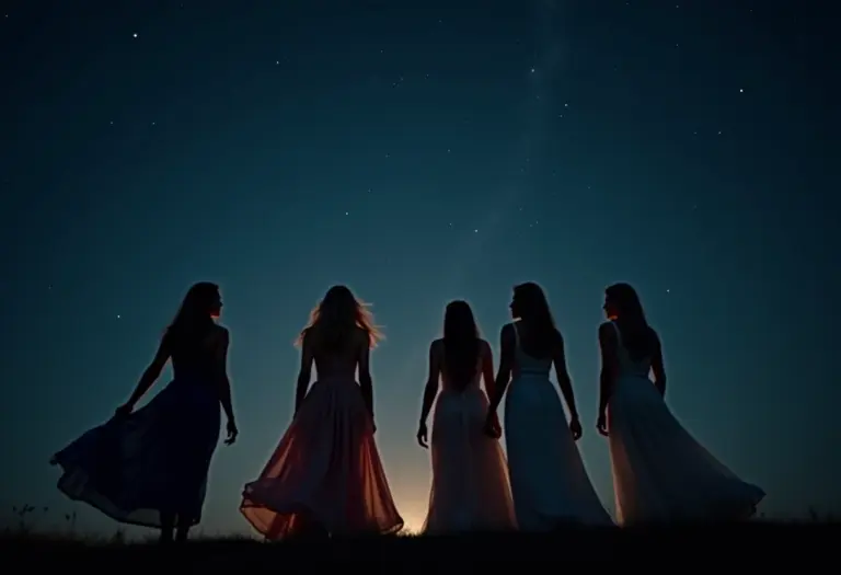 Mulheres diversas observando as estrelas em uma noite mística