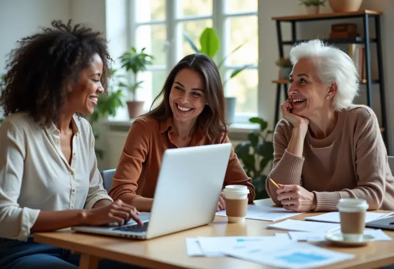 Mulheres diversas planejando finanças em apartamento moderno