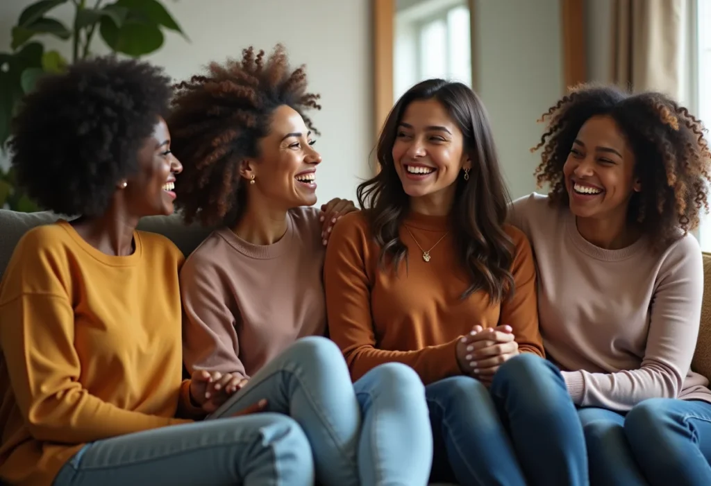 Mulheres diversas reunidas em um sofá rindo e se divertindo.