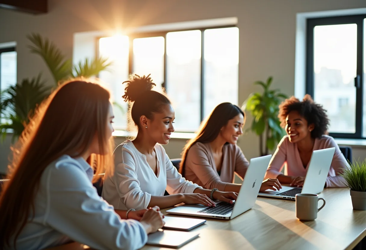 Mulheres diversas trabalhando juntas em um escritório moderno usando tecnologia.