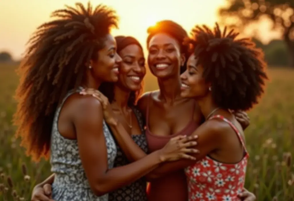 Mulheres diversas unidas em um abraço, representando a sororidade.