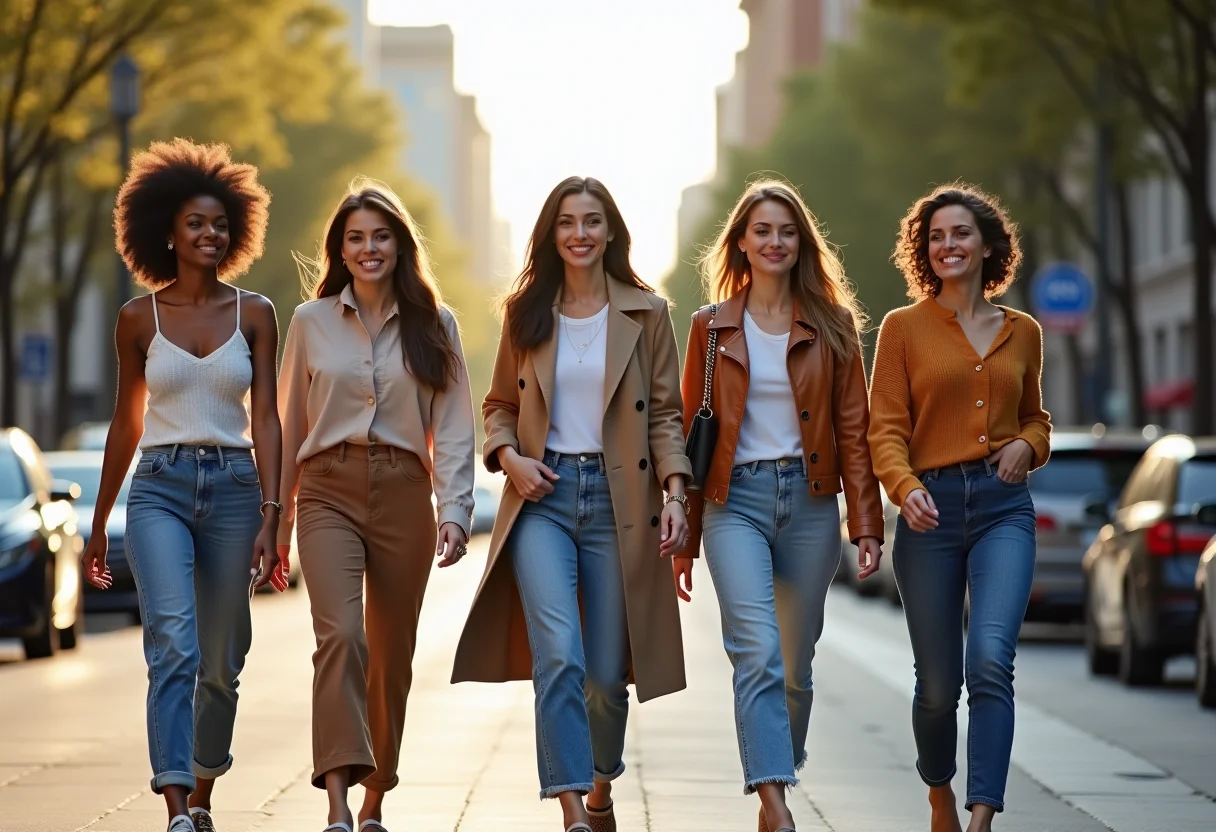 Mulheres estilosas caminhando na cidade com looks confortáveis