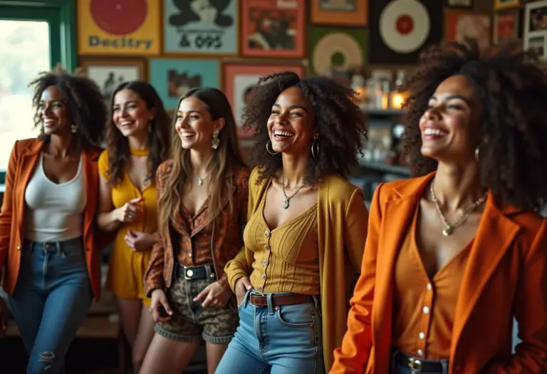 Mulheres estilosas dançando em loja de discos vintage, inspiradas na moda dos anos 70