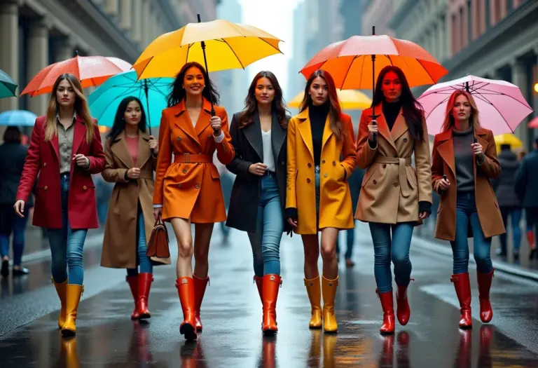 Mulheres estilosas usando sapatos de chuva em dia chuvoso na cidade