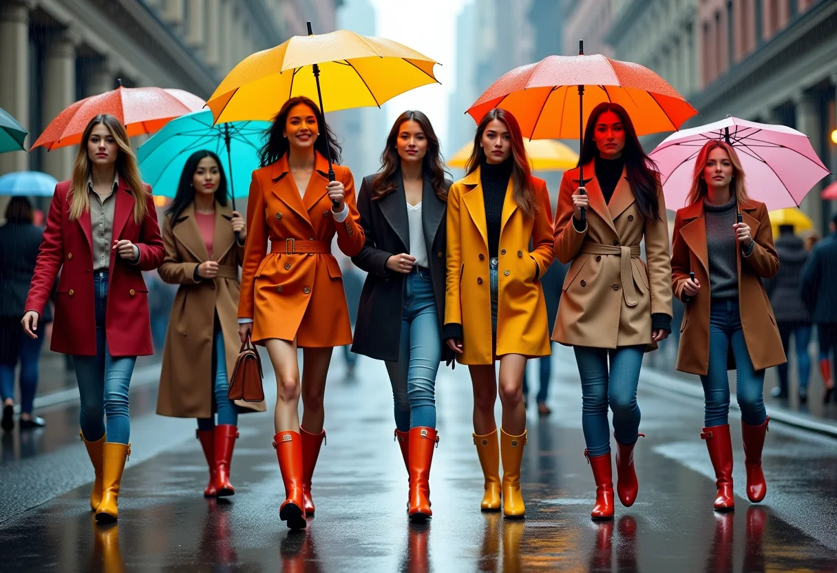 Mulheres estilosas usando sapatos de chuva em dia chuvoso na cidade