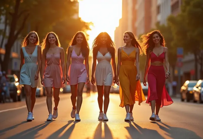 Mulheres estilosas usando vestidos com tênis em um dia ensolarado