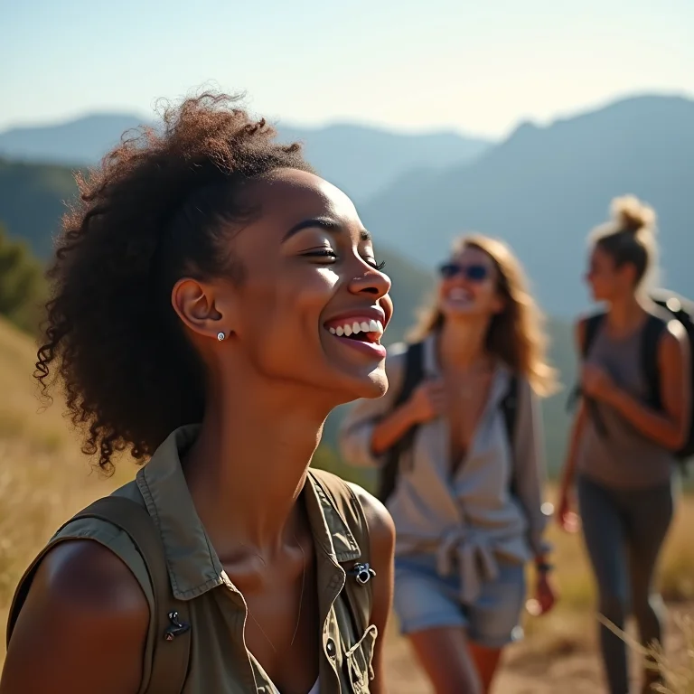 Mulheres rindo durante trilha na montanha