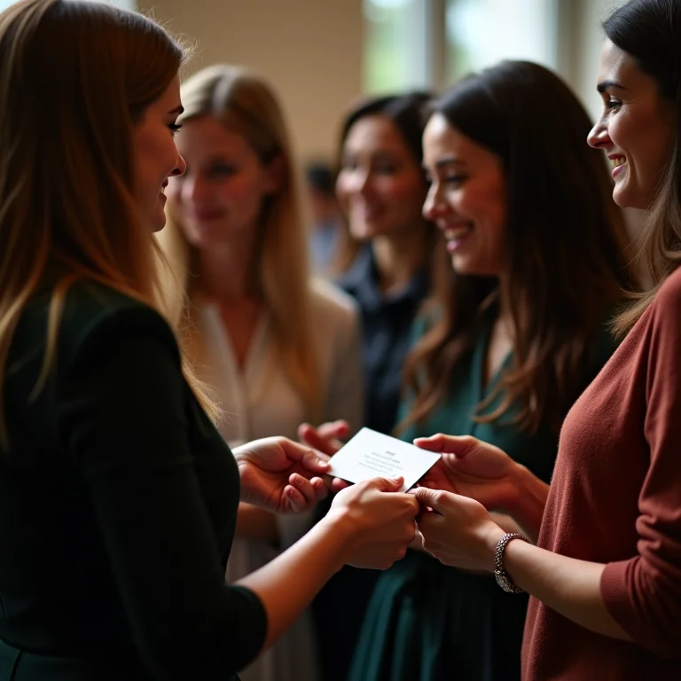 Mulheres trocando cartões de visita em evento