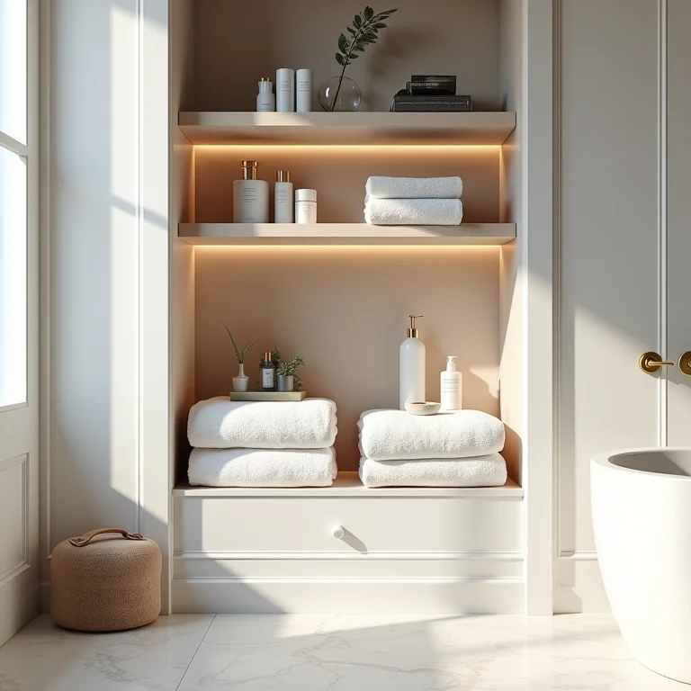 Nichos e prateleiras organizadas no banheiro.