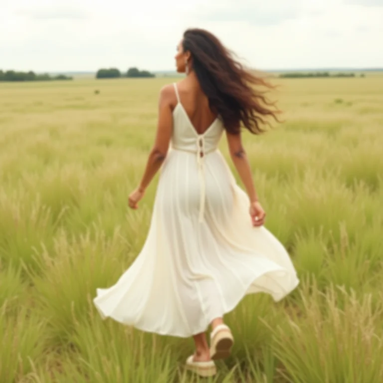 Noiva caminhando na grama usando vestido de noiva leve e sandálias de salto anabela.