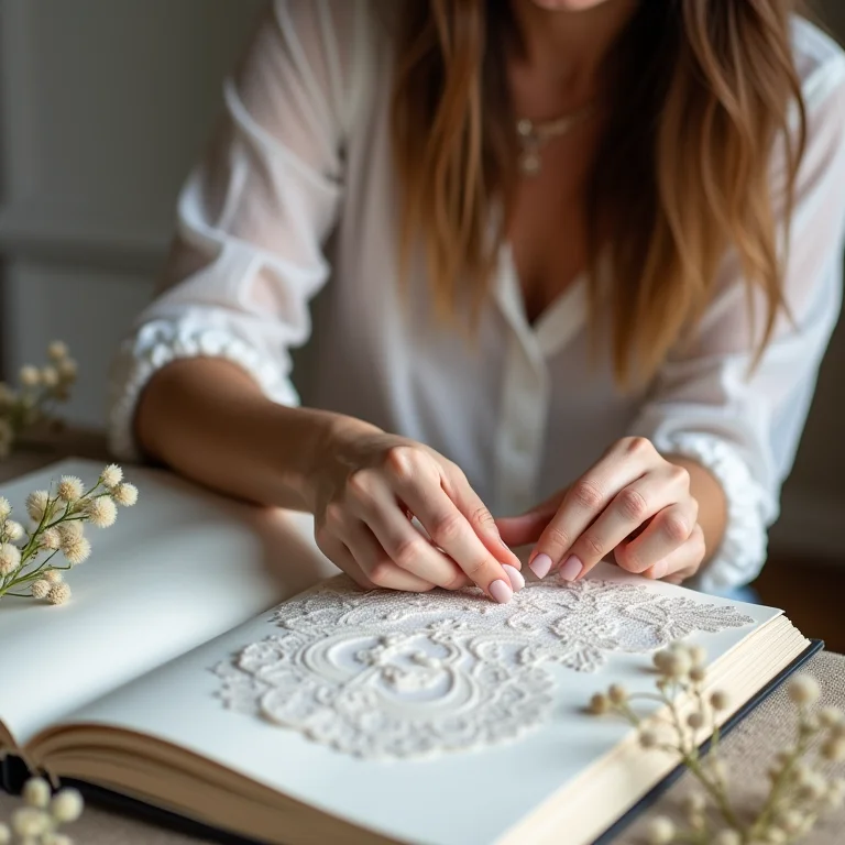 Noiva criando um scrapbook de casamento com fotos e lembranças