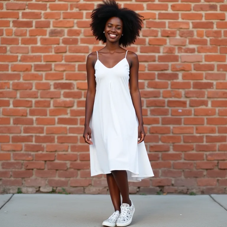 Noiva negra sorrindo, usando vestido branco simples e tênis personalizados.