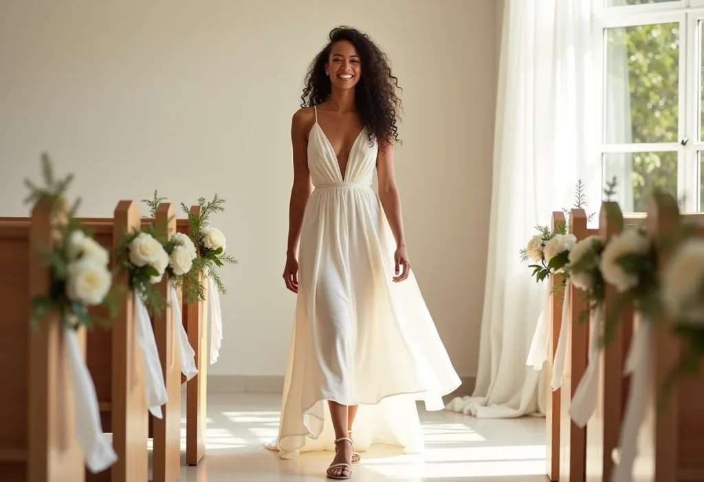 Noiva sorrindo, usando um vestido branco delicado e sapatos confortáveis, caminhando por um corredor florido.