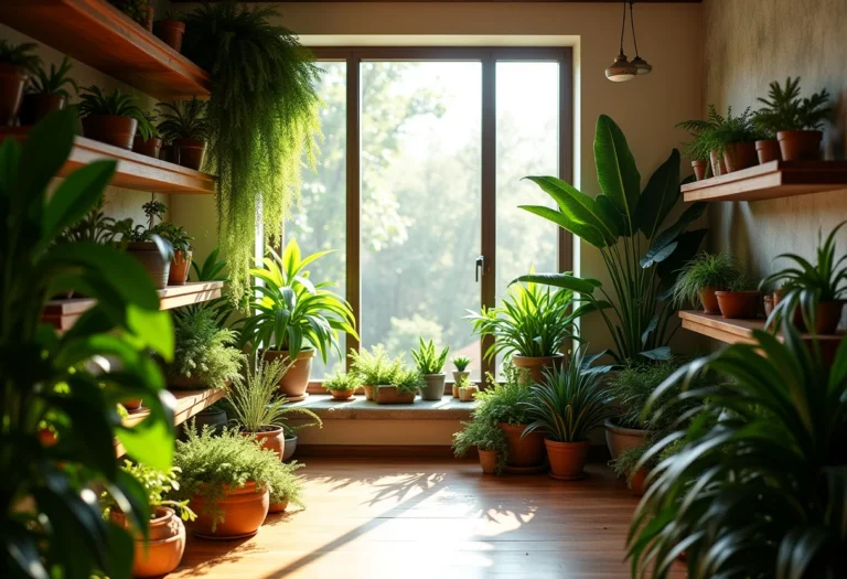Oásis verde em espaço interno com plantas exuberantes.
