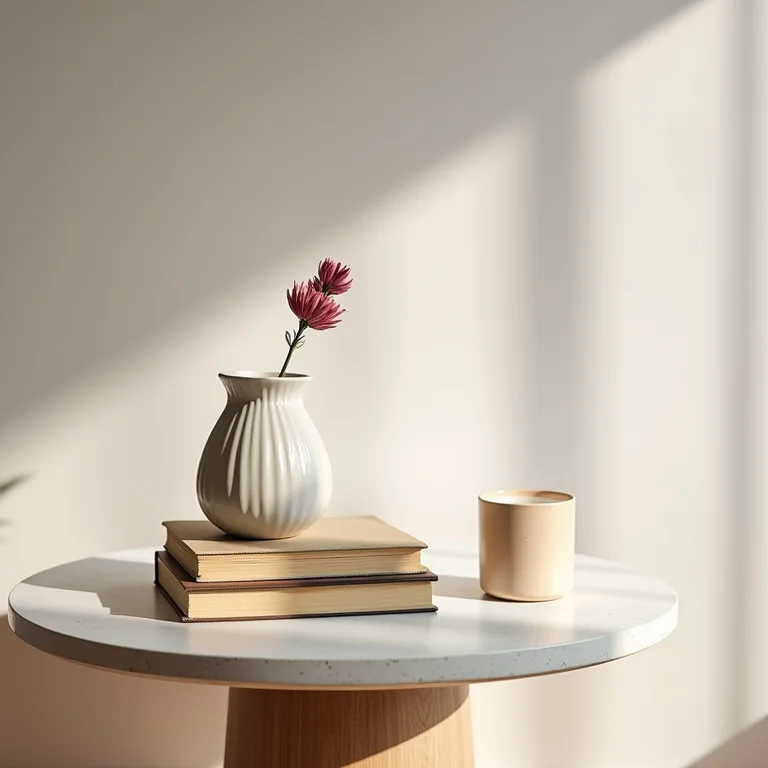 Objetos decorativos minimalistas em mesa de centro