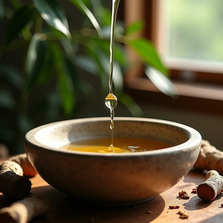 Óleo essencial de vetiver sendo derramado em uma tigela de pedra com raízes de vetiver