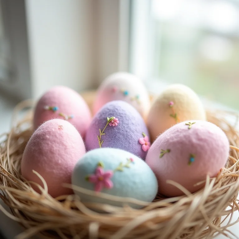 Ovos de Páscoa de feltro em tons pastel com bordados.