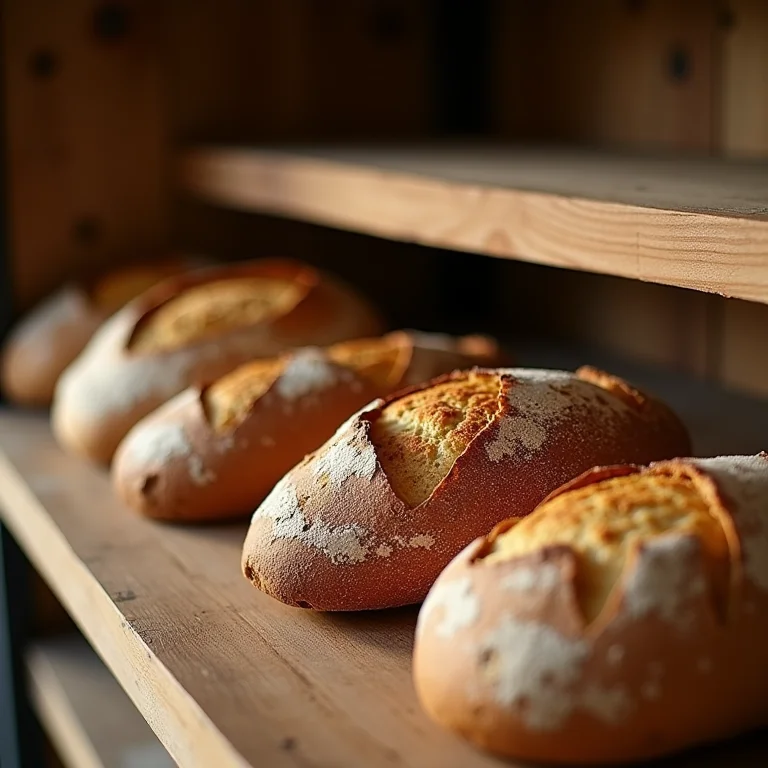 Pães artesanais frescos em uma padaria.
