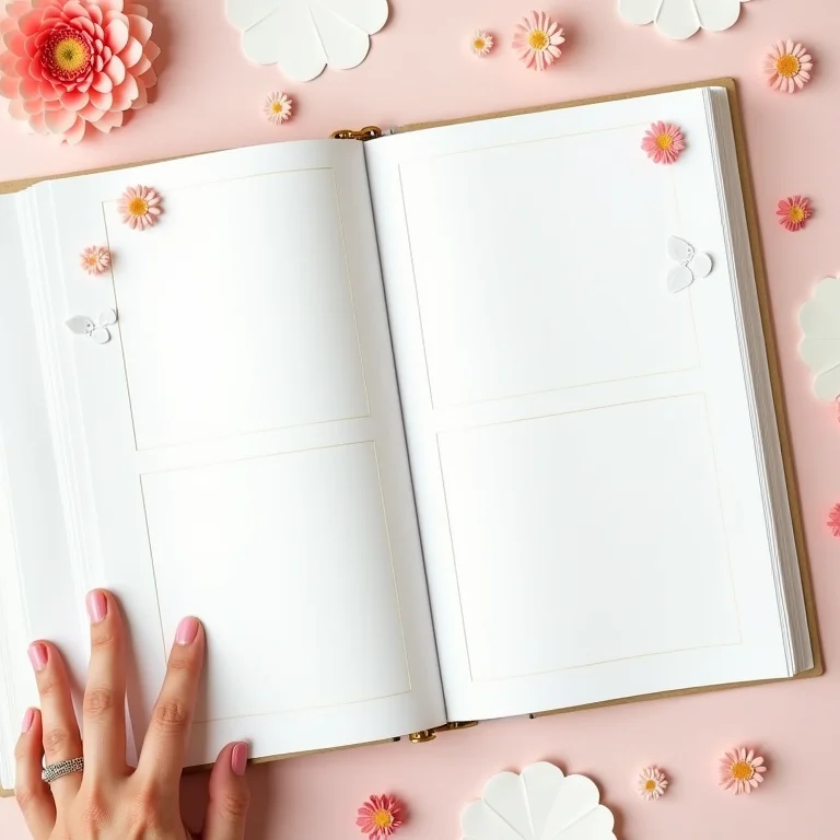 Página de álbum de scrapbooking com espaços para fotos e decoração.