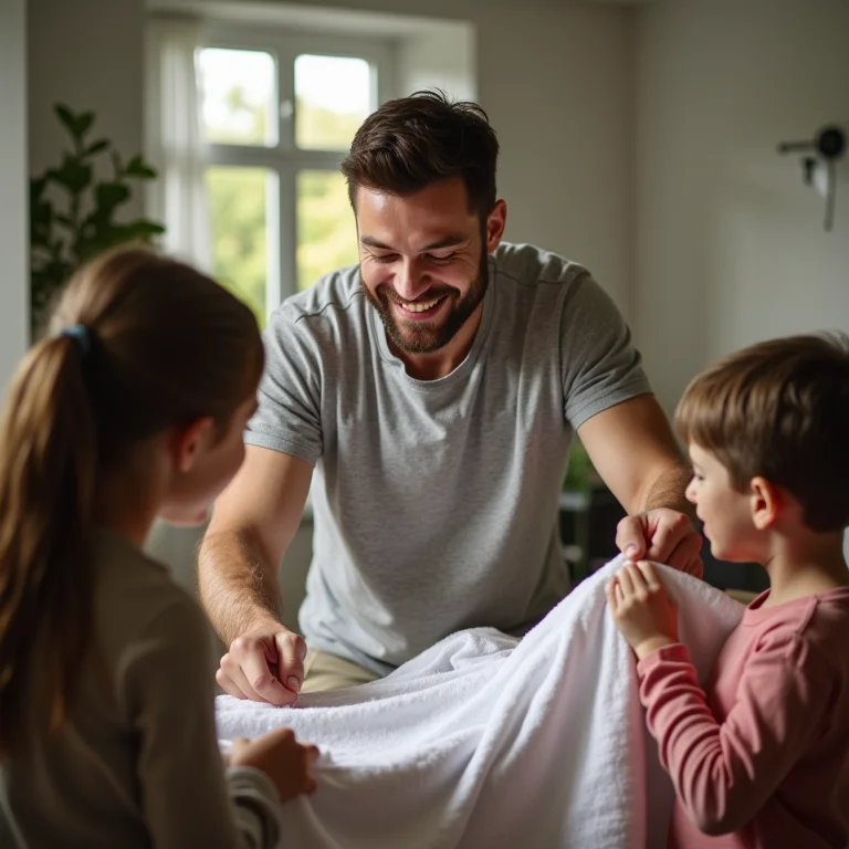 Pai dobrando roupa com entusiasmo, dando o exemplo aos filhos.