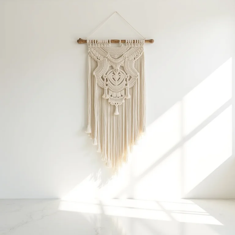 Painel de macramê pendurado em uma parede branca.