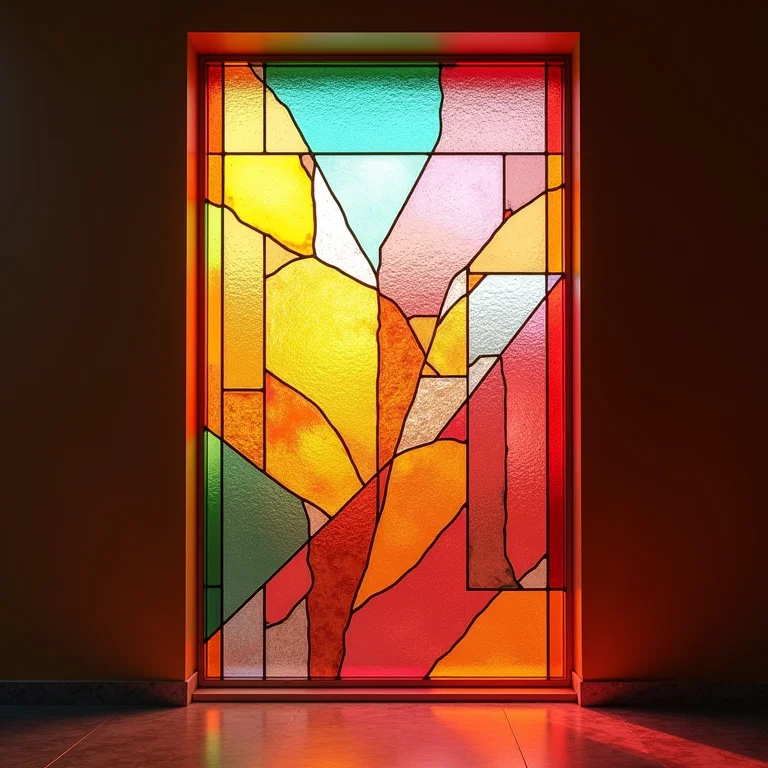Painel de vitral colorido com verniz vitral, mostrando brilho e transparência