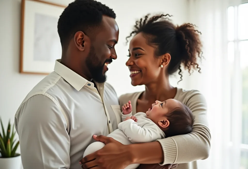 Pais segurando recém-nascido em quarto de bebê moderno