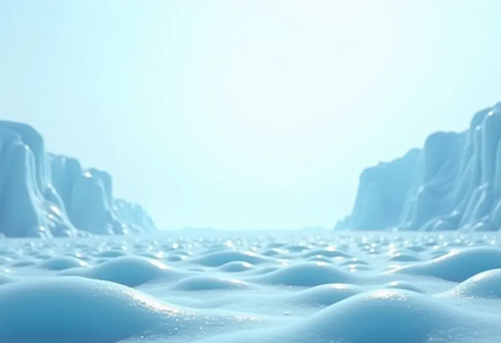 Paisagem vasta de um glaciar sob luz suave, tons de azul e branco refletindo no gelo