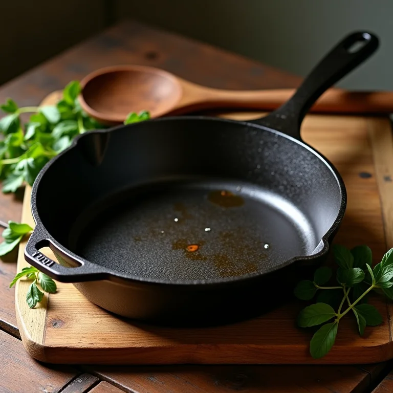Panela de ferro fundido em mesa rústica.