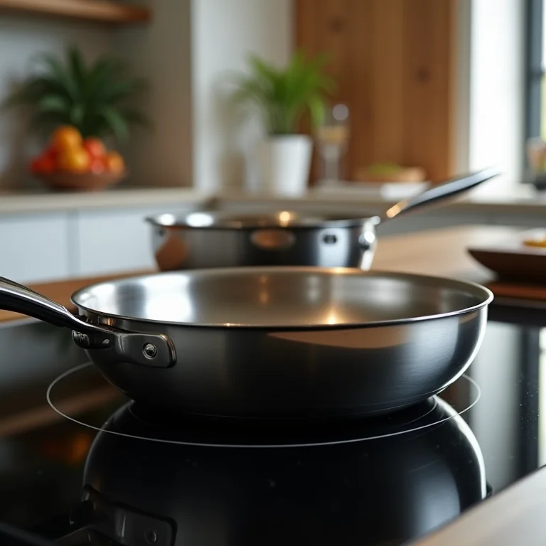 Panelas de aço inoxidável em uso.