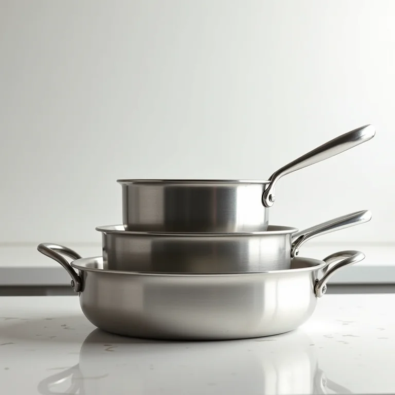 Panelas de alumínio empilhadas em uma bancada.