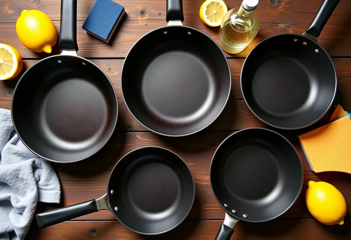 Panelas queimadas sendo limpas com diferentes produtos