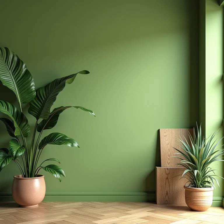 Parede verde oliva com detalhes em madeira e plantas.