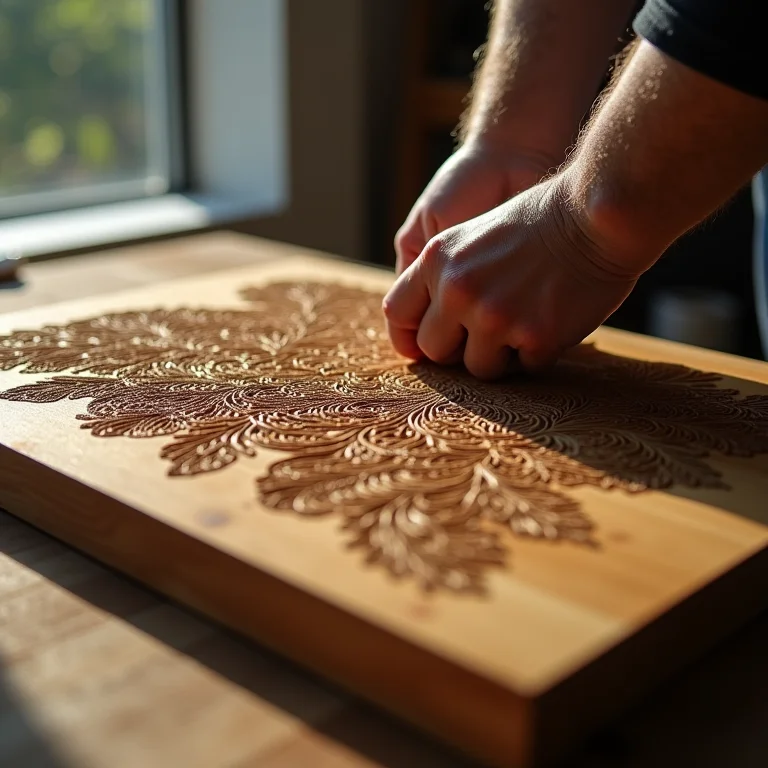 Peça de pirografia recebendo acabamento com verniz.