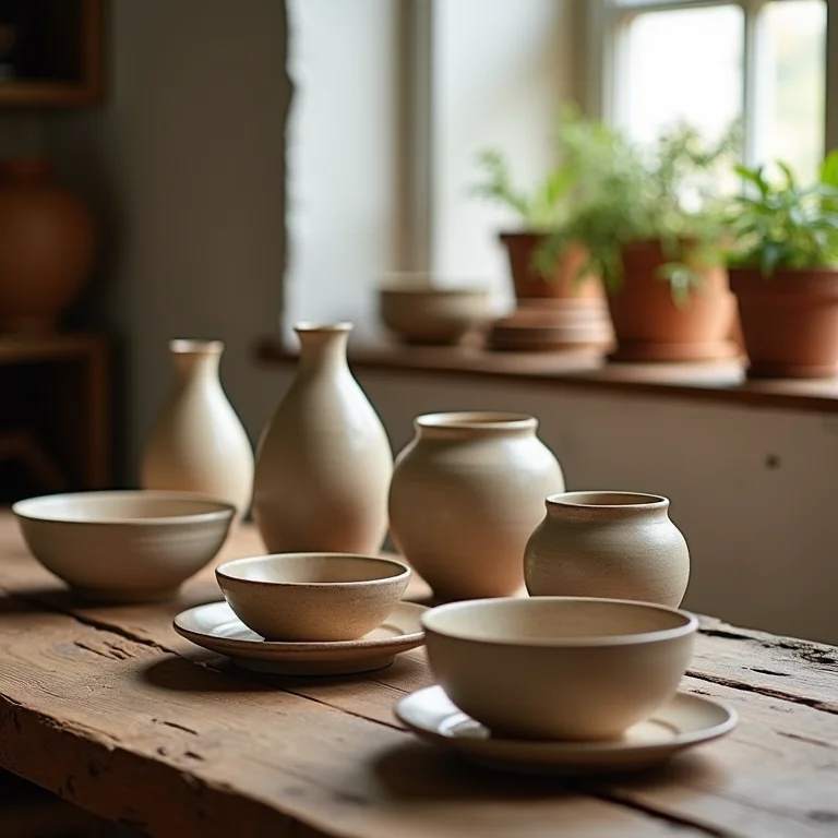 Peças de cerâmica artesanais dispostas sobre uma mesa de madeira rústica.