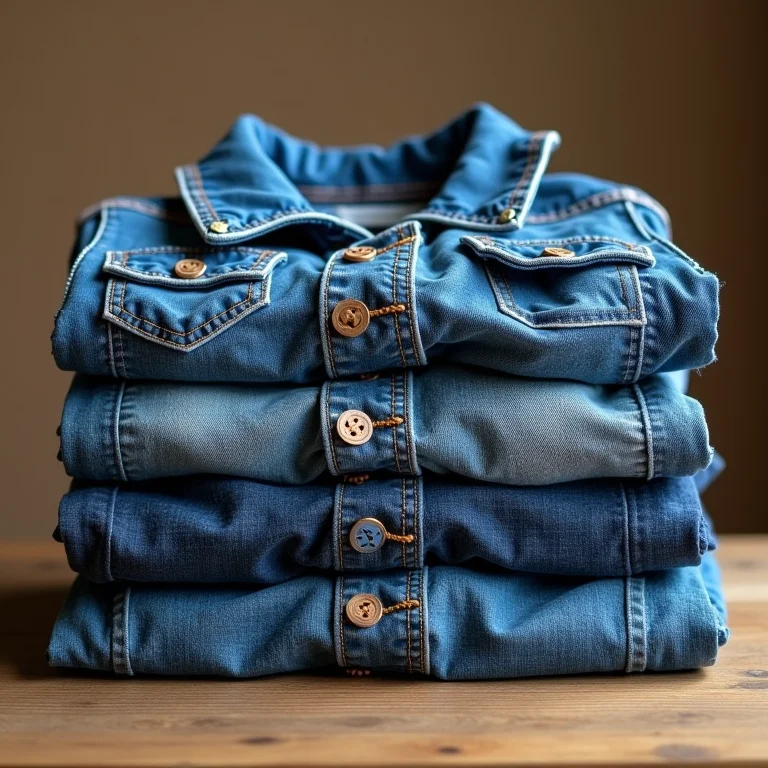Peças de roupa infantil jeans empilhadas.