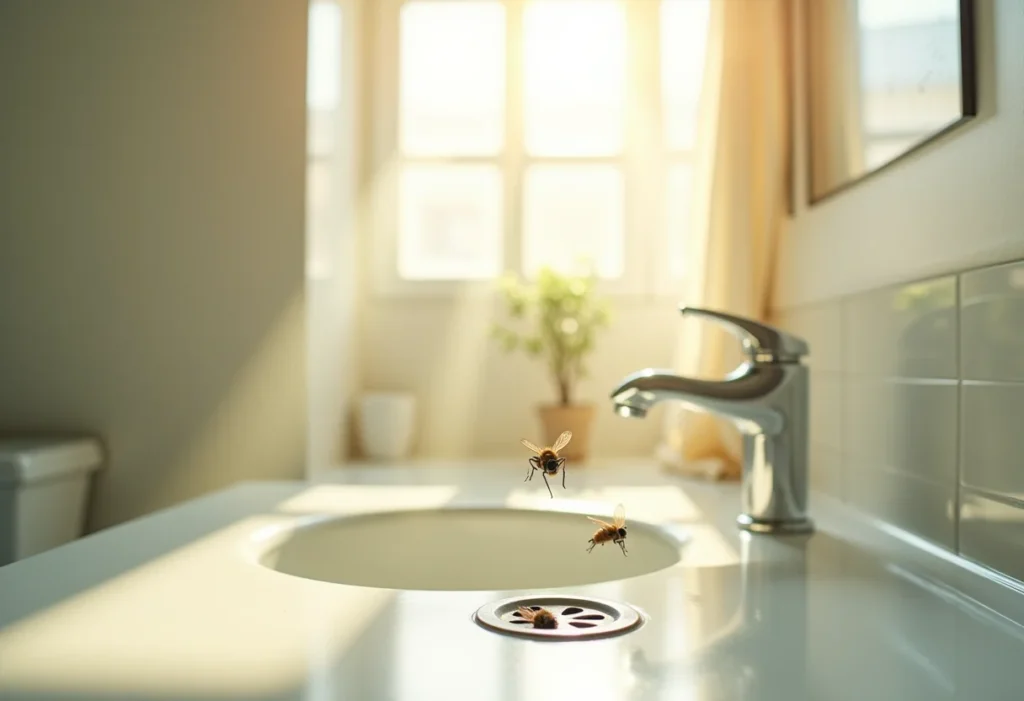 Mosca de banheiro NUNCA MAIS: Receita caseira que funciona! Pequenas moscas de banheiro voando próximas ao ralo em um banheiro iluminado.