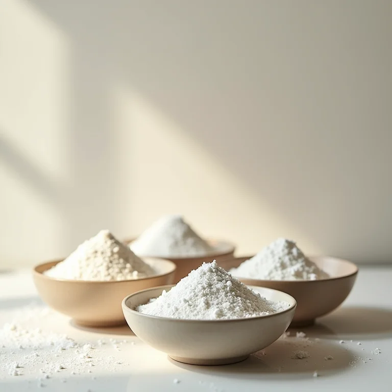 Pequenas tigelas com pó branco (aminoácidos) arrumadas esteticamente