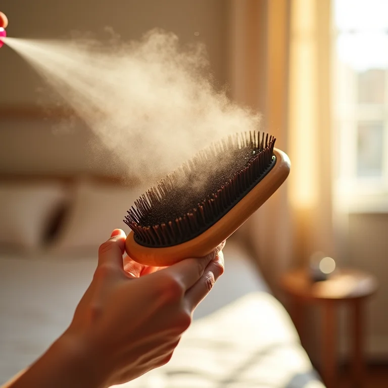 Perfume sendo borrifado na escova de cabelo