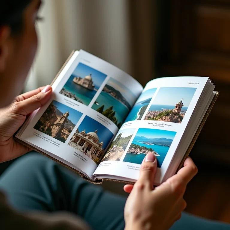 Pessoa segurando brochura de viagem com diversas opções de destinos