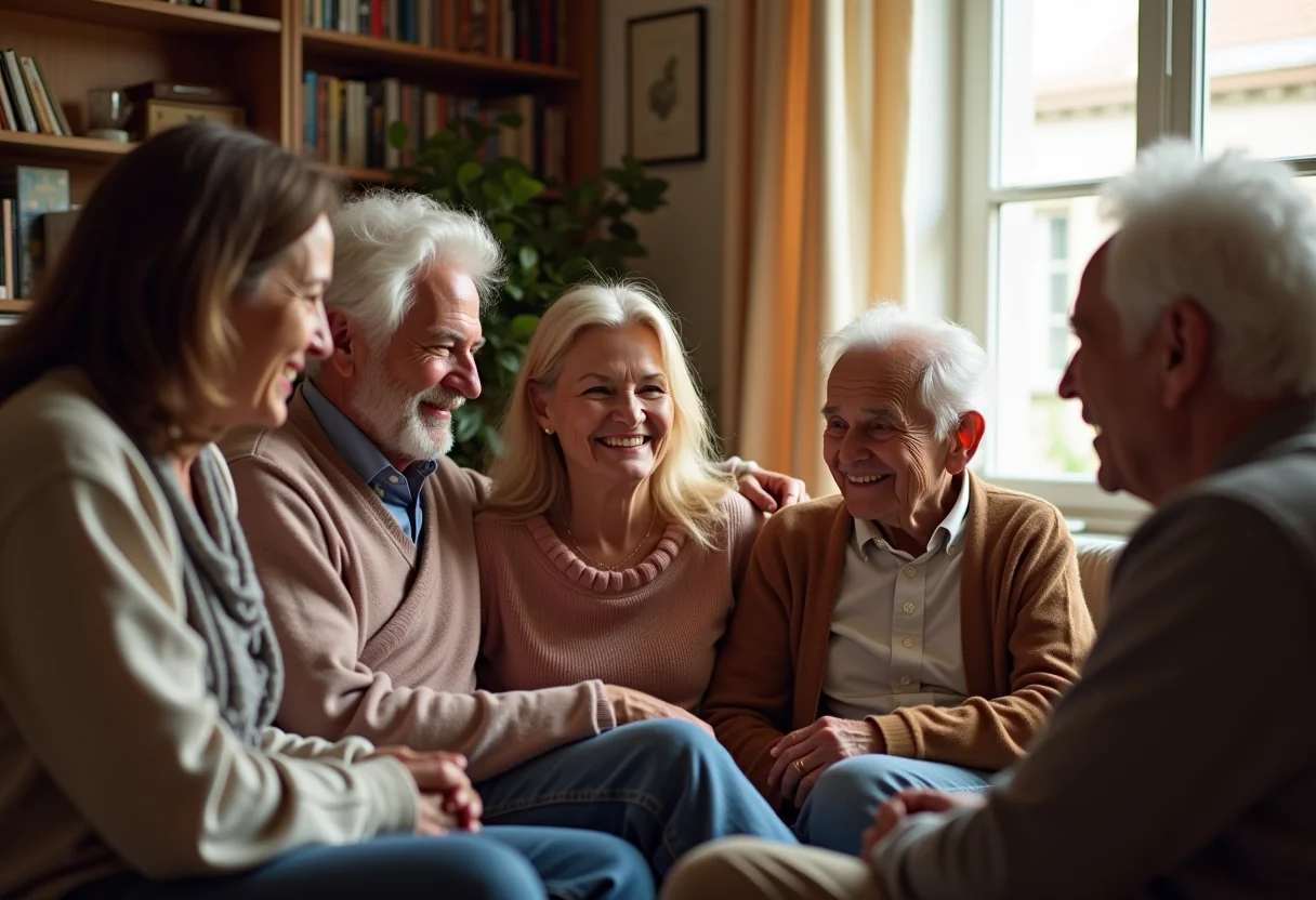 Pessoas de diferentes idades reunidas em um ambiente acolhedor, compartilhando histórias e sorrindo.