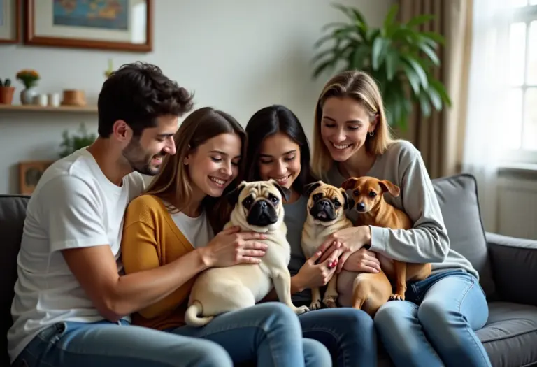 Pessoas em apartamento moderno interagindo com cachorros de raças pequenas