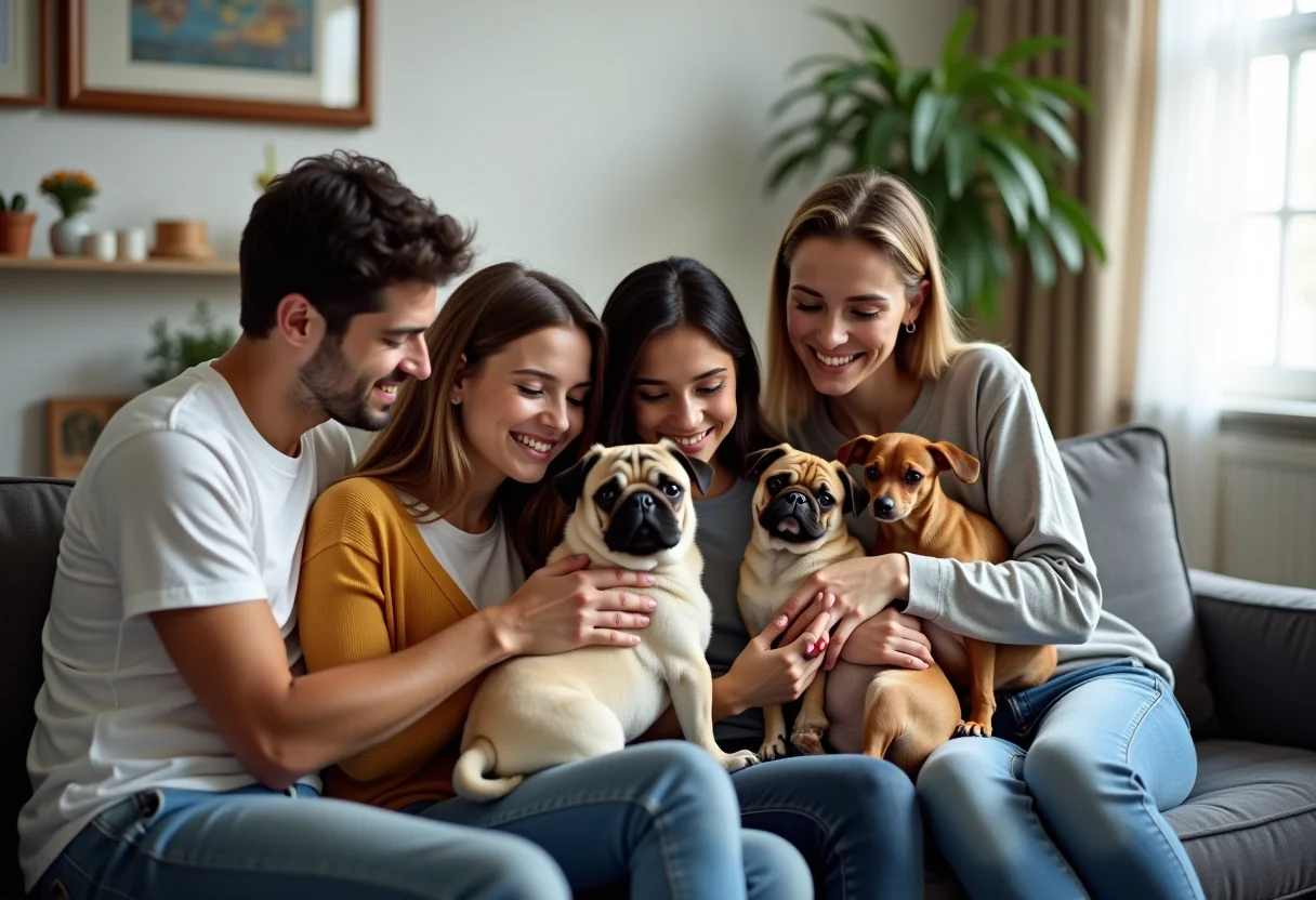 Pessoas em apartamento moderno interagindo com cachorros de raças pequenas