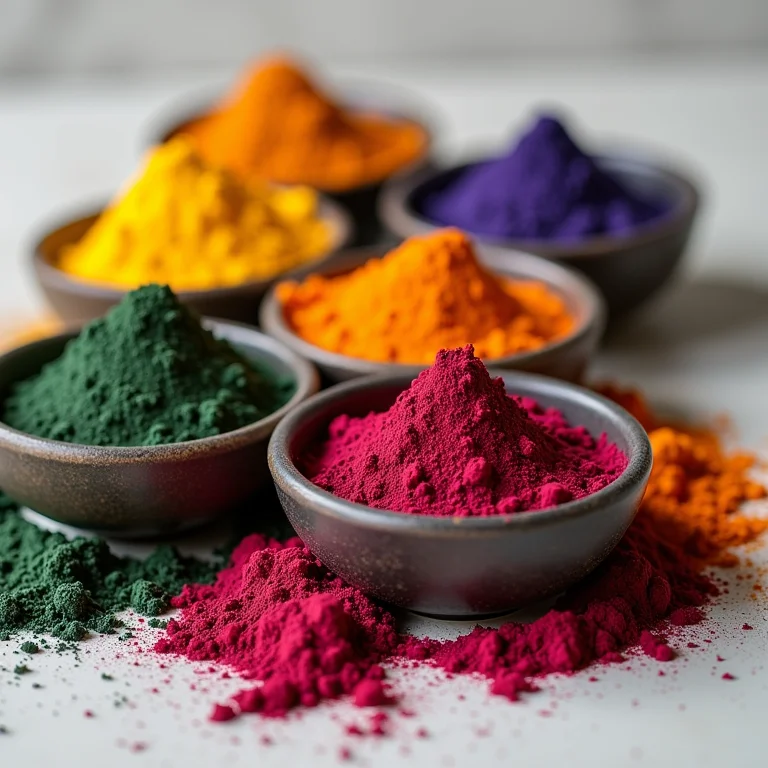 Pigmentos naturais para tinta caseira: cúrcuma, beterraba e spirulina.