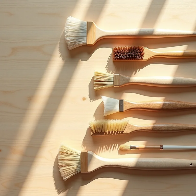 Pincéis variados para decoupage dispostos sobre superfície de madeira.